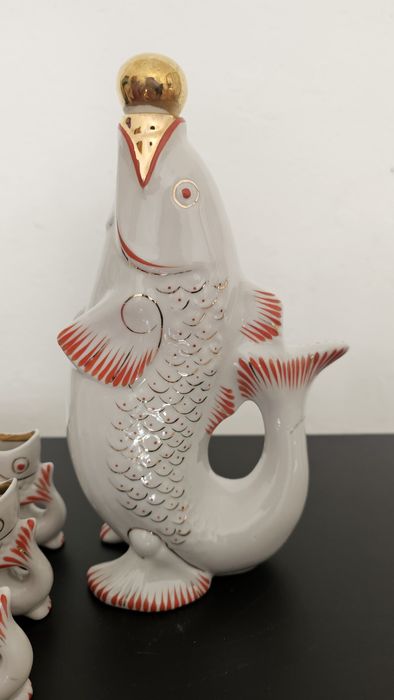 Karafka Ryba + 3 kieliszki, piękne, PRL