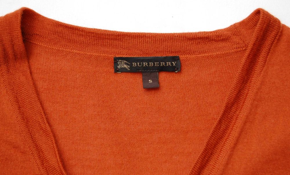 Burberry kardigan damski S XS wełna merino jedwab miedziany rudy brąz