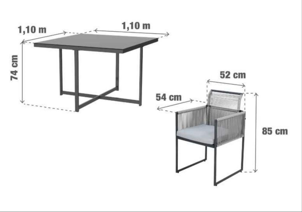 Conjunto de Mesa Quadrado e 4 Cadeiras de jardim e jantar ao ar livre.