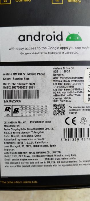 Realme 9 PRO 5g 8gb Ram, 128gb