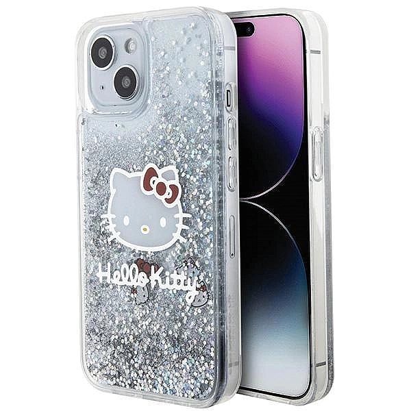 Etui Hello Kitty Liquid Glitter Charms Kitty Head na iPhone 15 - srebr
