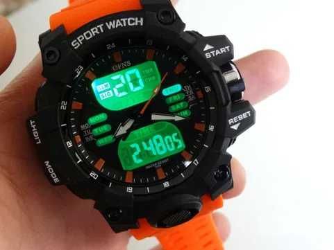 Pomarańczowy duży zegarek analogowo cyfrowy męski militarny sportowy