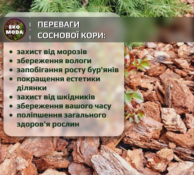 Кора соснова СЕРЕДНЯ 3–6 см. В наявності галька біла, агроволокно