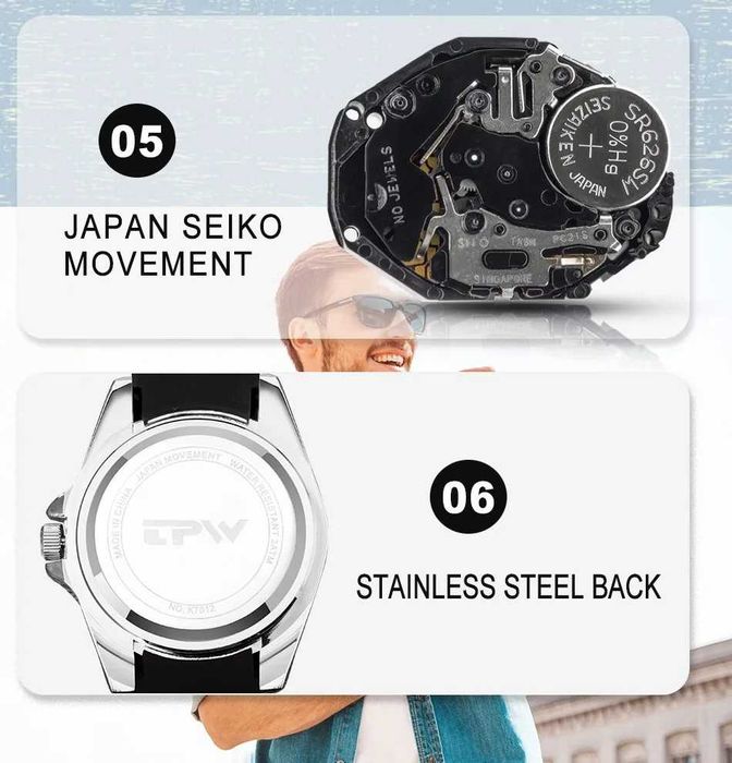 Zegarek koperta 43mm mechanizm Seiko kwarcowy na pasku silikonowym BOX
