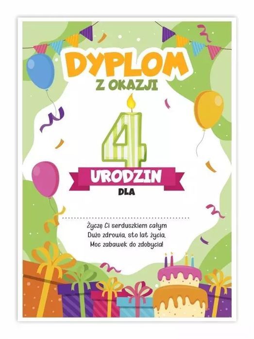 Dyplom A5 Urodzinowy - Czwarte Urodziny 5Szt. Nowy Produkt