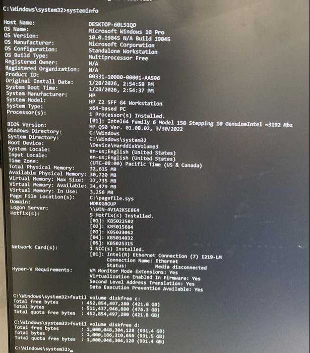 ПК HP Z2 SFF G4 Workstation (i7-8700/32Gb/512SSD/1 ТБ HDD//WiFi