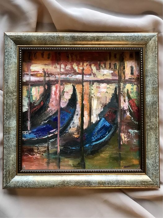 Картина маслом 20x20 см Море Лодки Маки Морской пейзаж