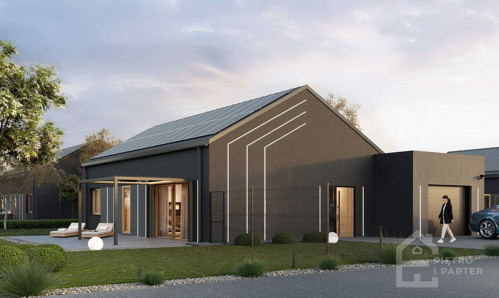 Dom z fotowoltaiką, magazynem energii, pergolą i ogrodem | Galewice | 129 m² - Standard Energo Komfort