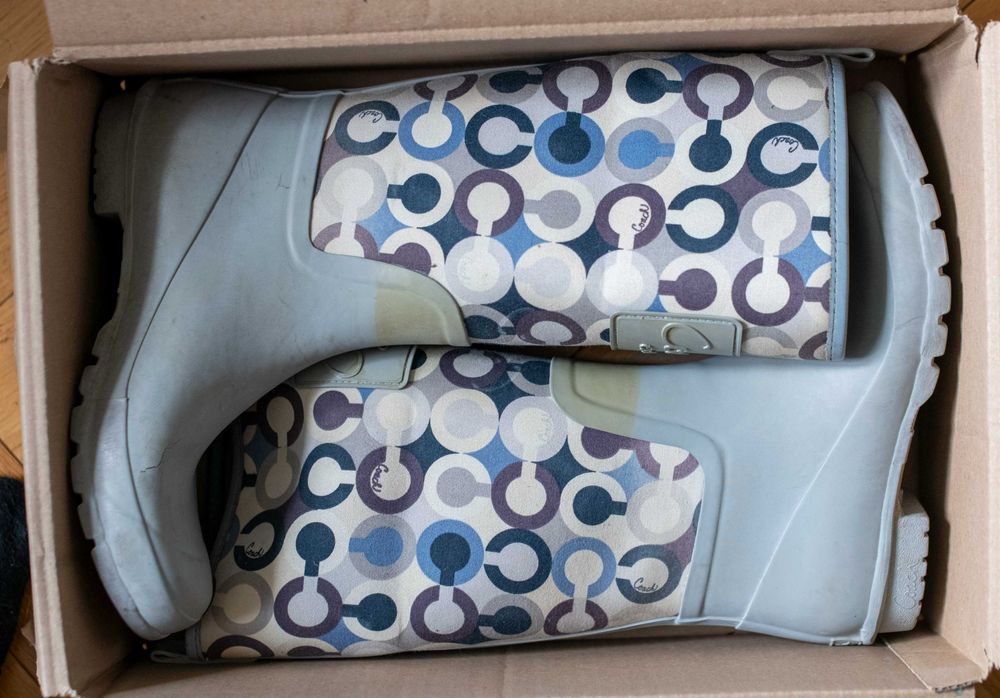 Oryginalne Kalosze Damskie Coach Signature Logo Deszczowce Szare Blue