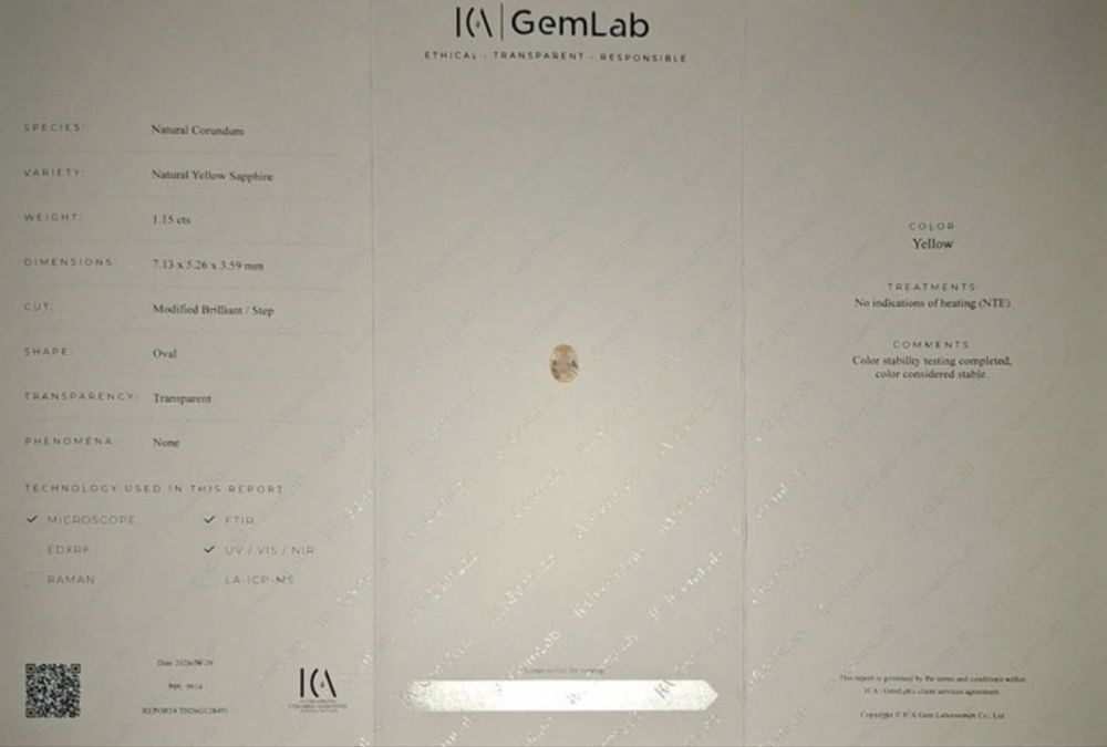 Safira Amarela Natural 1,15 ct — Sem Tratamento | Certificado ICA GemLab