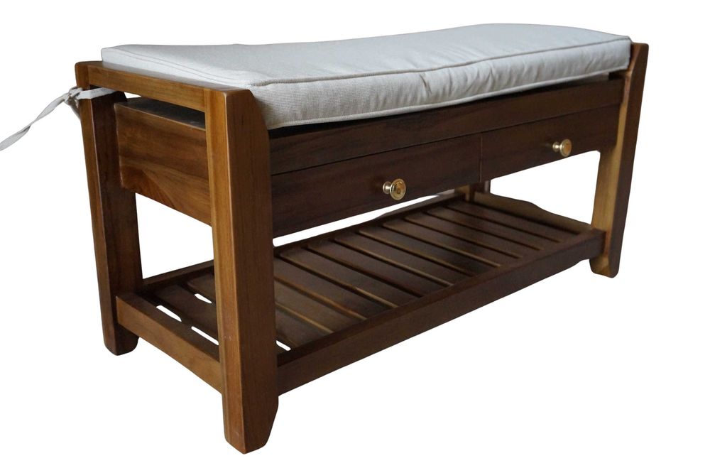 Drewniana ławka siedzisko krzesło Teak z poduszką szufladami 80 cm