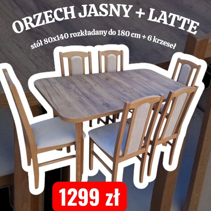 Nowe: Stół 80x140/180 + 6 krzeseł, 48 kolorów od ręki,  dostawa cała P