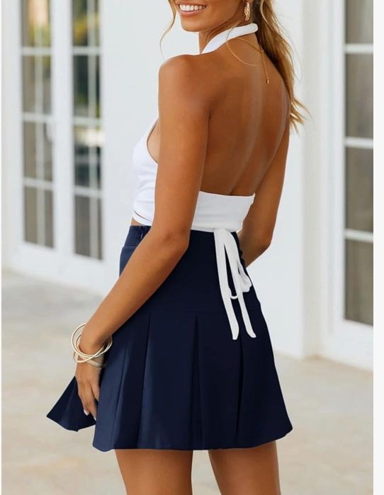 Plisowana spódnica mini damska, ciemny niebieski, rozmiar L, REORIA