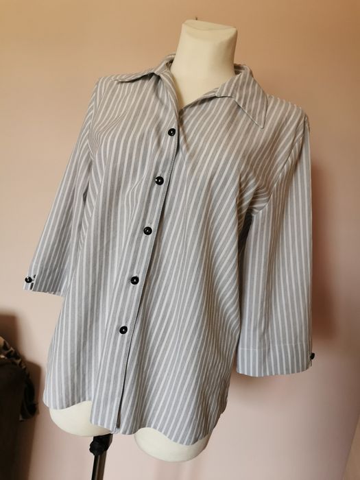 Koszula biała w paski szara bluzka elegancka vintage boho retro 44 XXL