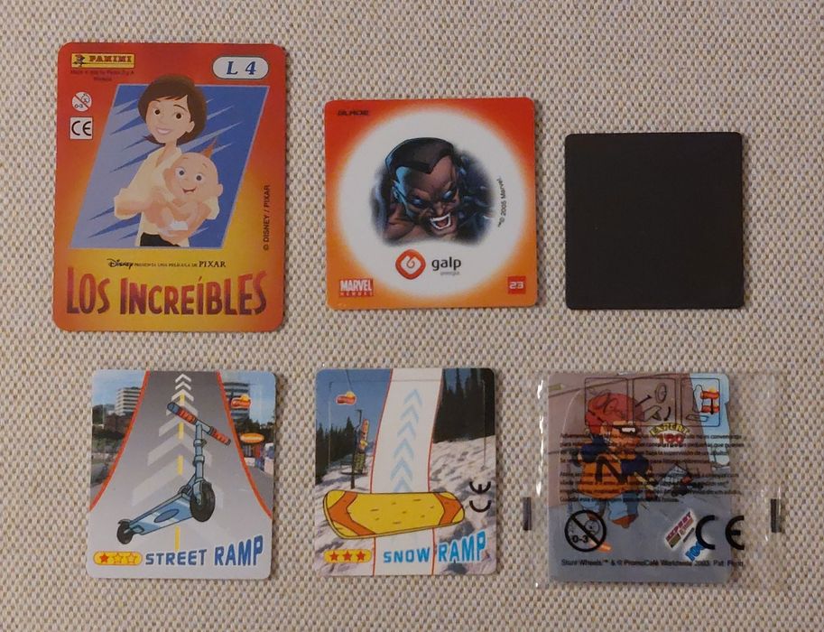 Cartões Matutano, tazo holográfico Galp/Marvel, cromo holo Incríveis