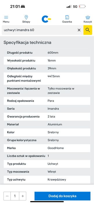Goodhome dwa uchwyty do szafki 60 cm