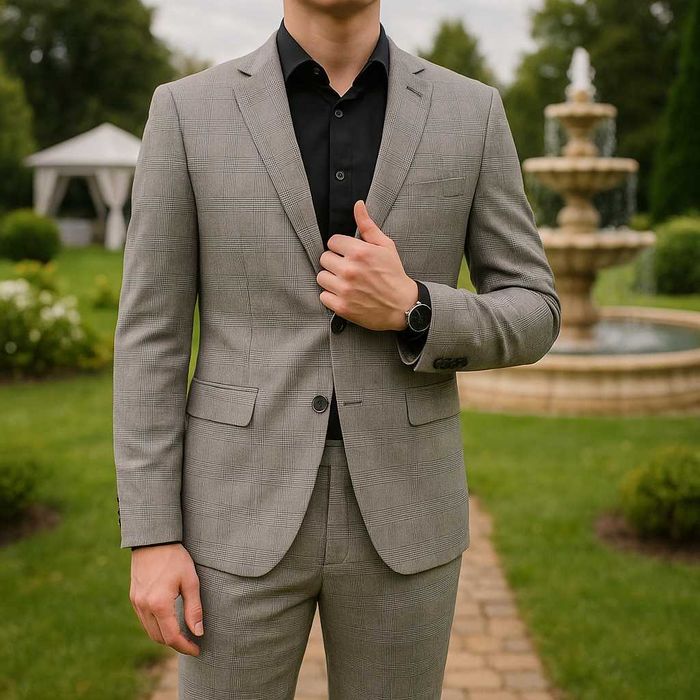 Garnitur męski ślubny szary kratka wesele jak nowy 50 5XL