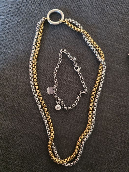 Conjunto Colar Duplo + Pulseira em Aço Inoxidável (Missangada) – Nunca usado