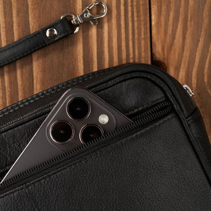 saszetka męska do ręki skórzana dwukomorowa czarna