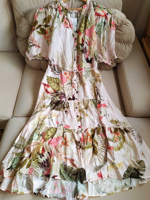 Sukienka w kwiaty zwiewna midi długa 42 XL H&M
