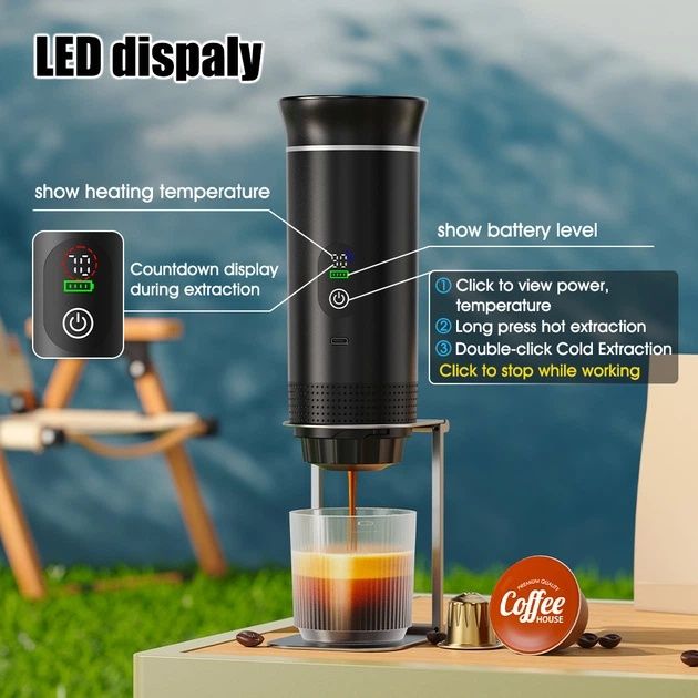 Кавоварка JN02 портативна капсульна акумуляторна з нагріванням, кавомашина Espresso maker USB/дисплей, чорна