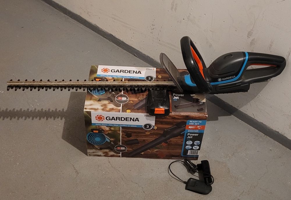 Nożyce i dmuchawa 18V Gardena.