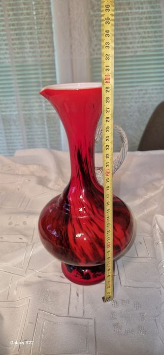 Wielka Karafka Wazon Murano Style • 29,5 cm • Czerwono-Czarna • PRL Vintage