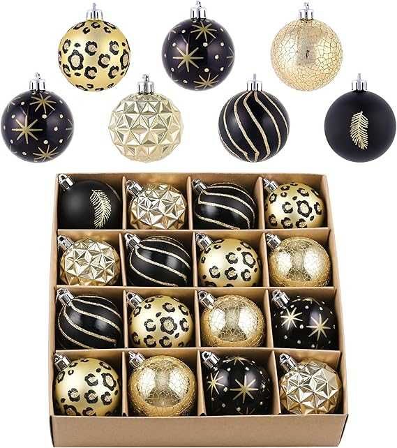 Bombki choinkowe Czarno Złote Nietłukące Glamour Ozdoby 16 szt