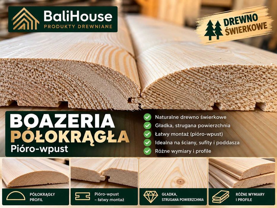 Deska elewacyjna półokrągła półbal świerk pióro-wpust imitacja bala