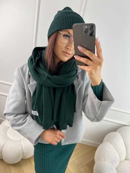 Komplet butelkowa zieleń cashmere czapka i szalik najmodniejszy