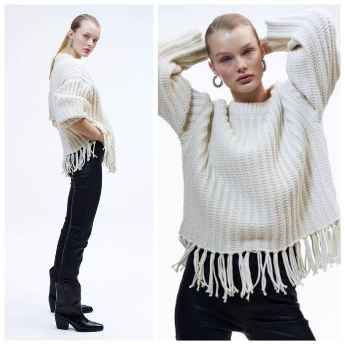 H&M XL śmietankowy luźny sweter oversize o grubym splocie z frędzlami