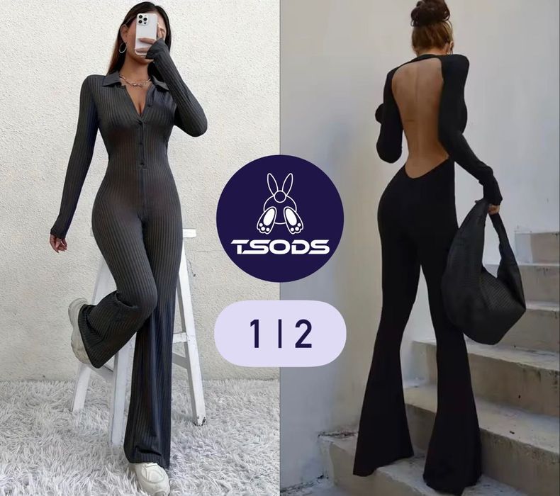 Комбинезон клёш с длинными рукавами черный комбез с открытой спиной СМ