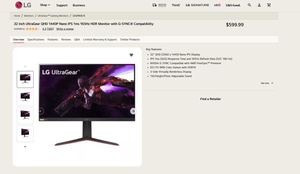 Monitor LG UltraGear 32GP850-B Nano IPS 32" QHD 16:9 165Hz FreeSync / G-SYNC Compatible