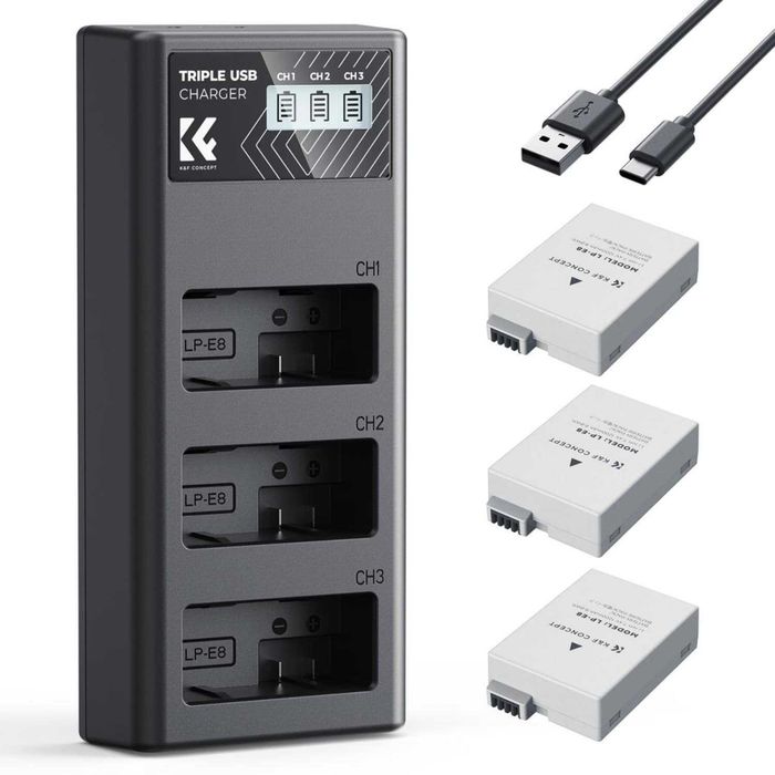 Carregador Duplo K&F Concept + 3x Baterias Canon LP-E8