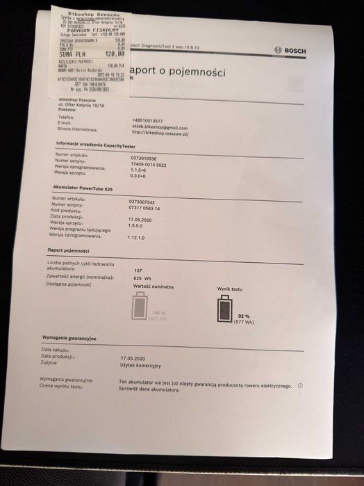 Bosch PowerTube 625 Wh – 92% pojemności | 107 cykli | raport | BBP290