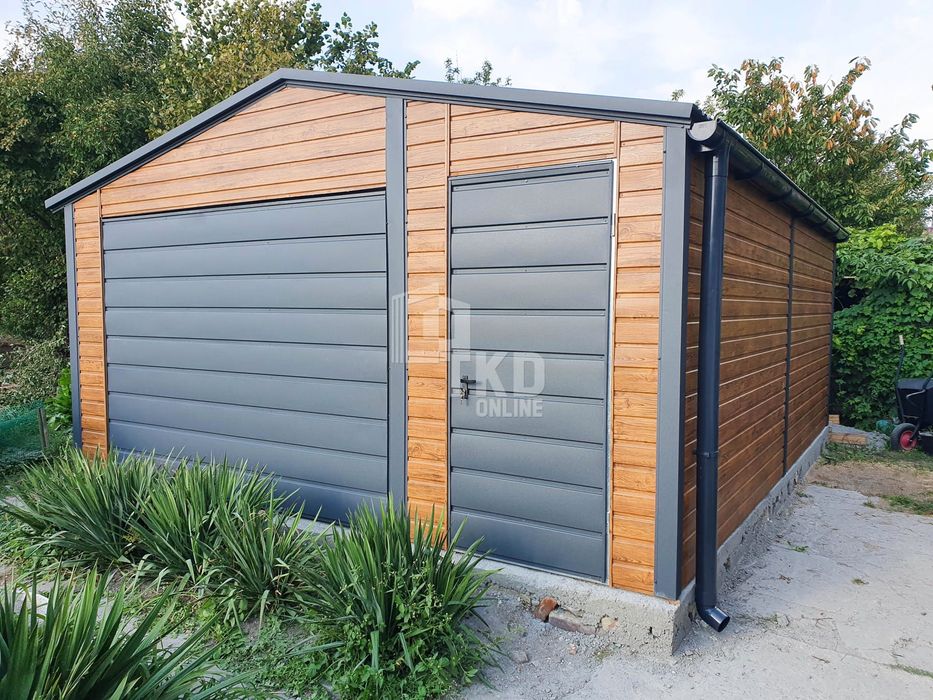 Garaż Blaszany 4,5X5 Brama Drzwi Okno Antracyt Jasny Orzech Tkd85