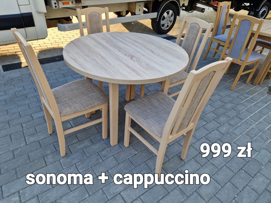 Nowe : Stół okrągły + 4 krzesła, sonoma + cappuccino , dostawa PL