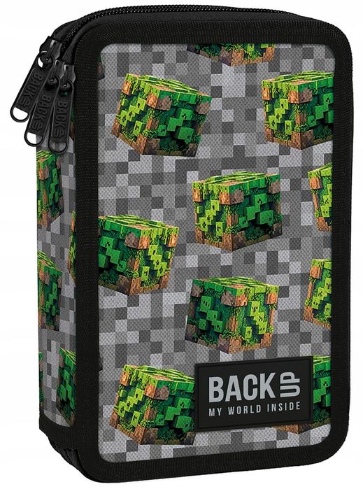 Piórnik szkolny z wyposażeniem 3 komorowy BackUp game pixele dla chłopca. Back Up