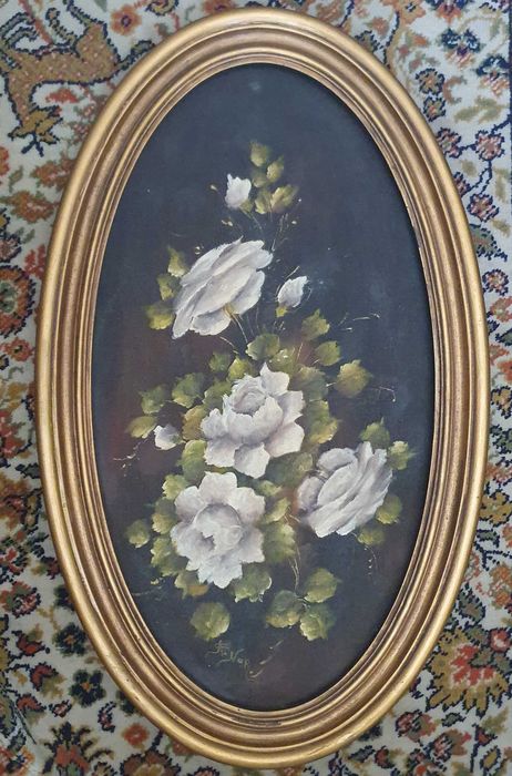 A. Nor. Linda Pintura Floral original, a óleo, oval, anos 70 - 62x37cm