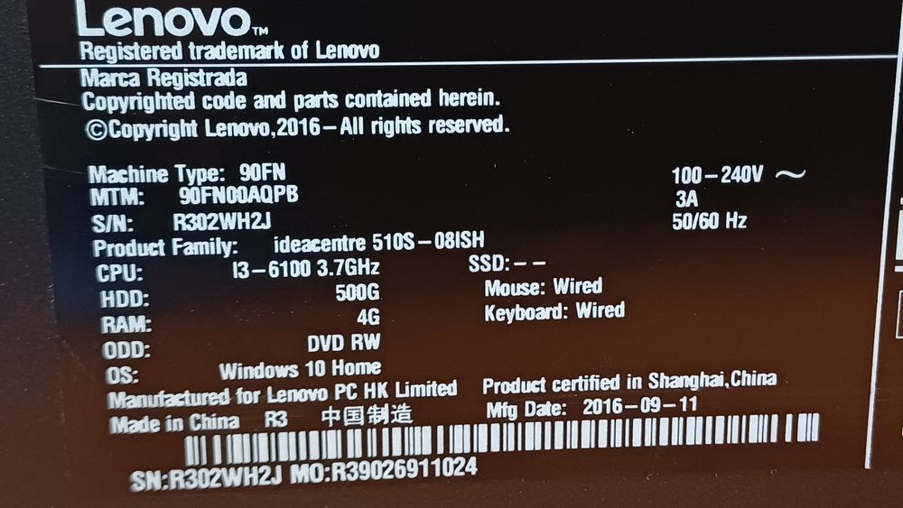 Komputer Desktop Lenovo Ideacentre 510S-08 i3-6100/8GB/240/DVD/Win10