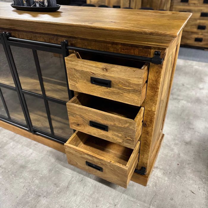 Duża masywna drewniana komoda z szyba/witryna mango 190cm ZAPRASZAM