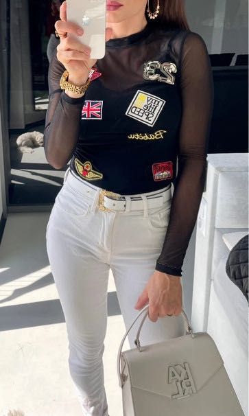 Bluzka siateczkowata z naszywkami, NOWA, elastyczna przeźroczysta r. S