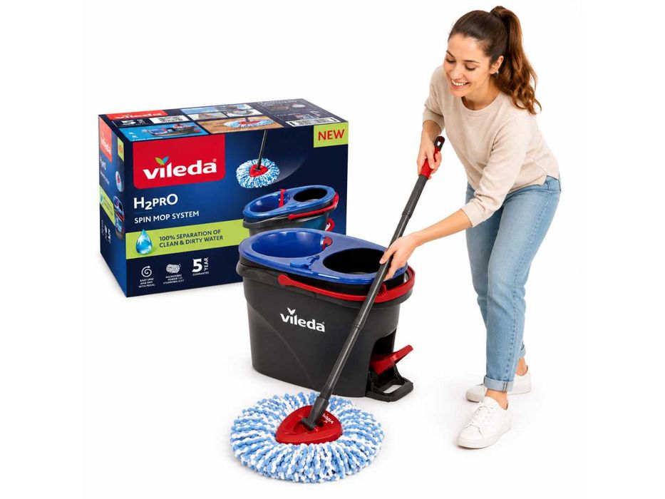 Mop Obrotowy Vileda H2pro z Wiadrem Dwukomorowym Wyciskacz Mikrofibra 2w1