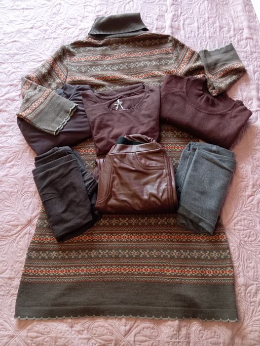 Vestido hippie lindo malha, 3 camisolas, 3 calças castanho terra