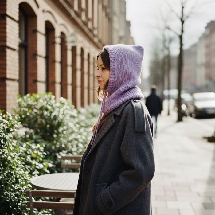 Balaclava oversize kominiarka kaptur zamiast czapki z merino liliowa