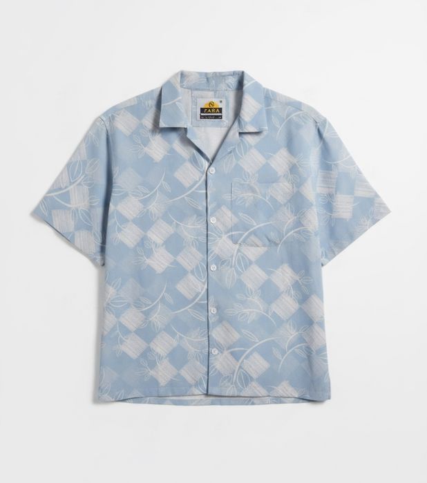 Light Blue Botanical Geo-Print Camp Shirt