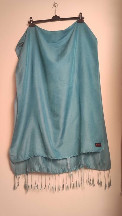 Pashmina kaszmir jedwab turkus duży szal Nepal 180x72