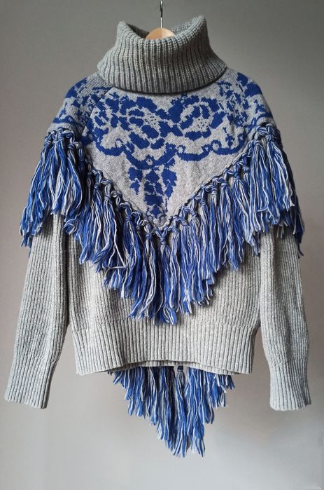 Sacai wełniany sweter golf z frędzlami szary niebieski wełna premium