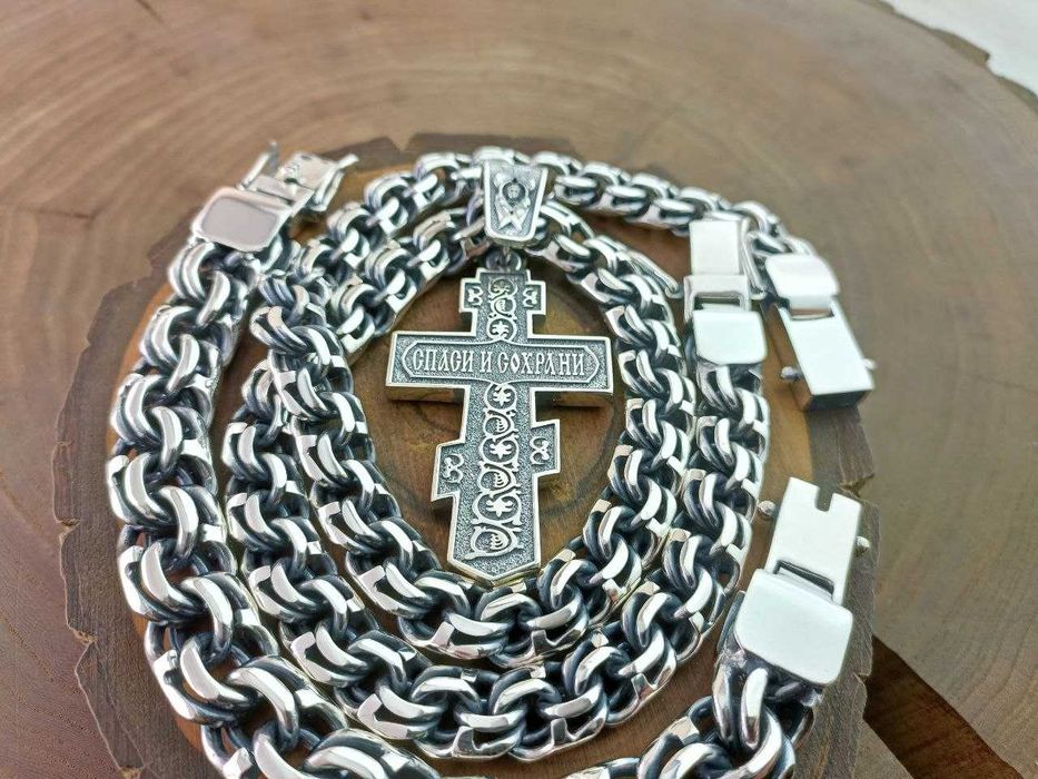 Серебряная цепочка Бисмарк, крестик и браслет. Срібний ланцюг, хрест