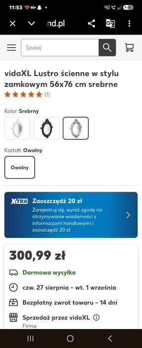 Srebne lustro w ramie